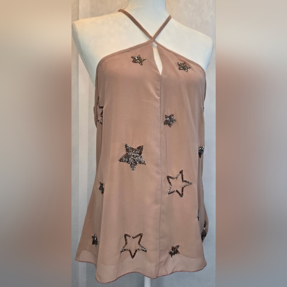 Chaser Beaded Star Embellished Tan Women's Top